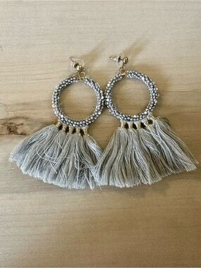 Handmade Gray Tassel Hoop Earrings